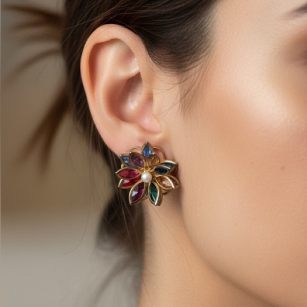 VINTAGE Rainbow Flower Clip Earrings